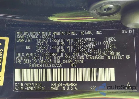 2012 Toyota Highlander Base V6/Se V6 z USA, uszkodzony, nr VIN 5TDBK3EH0CS127237